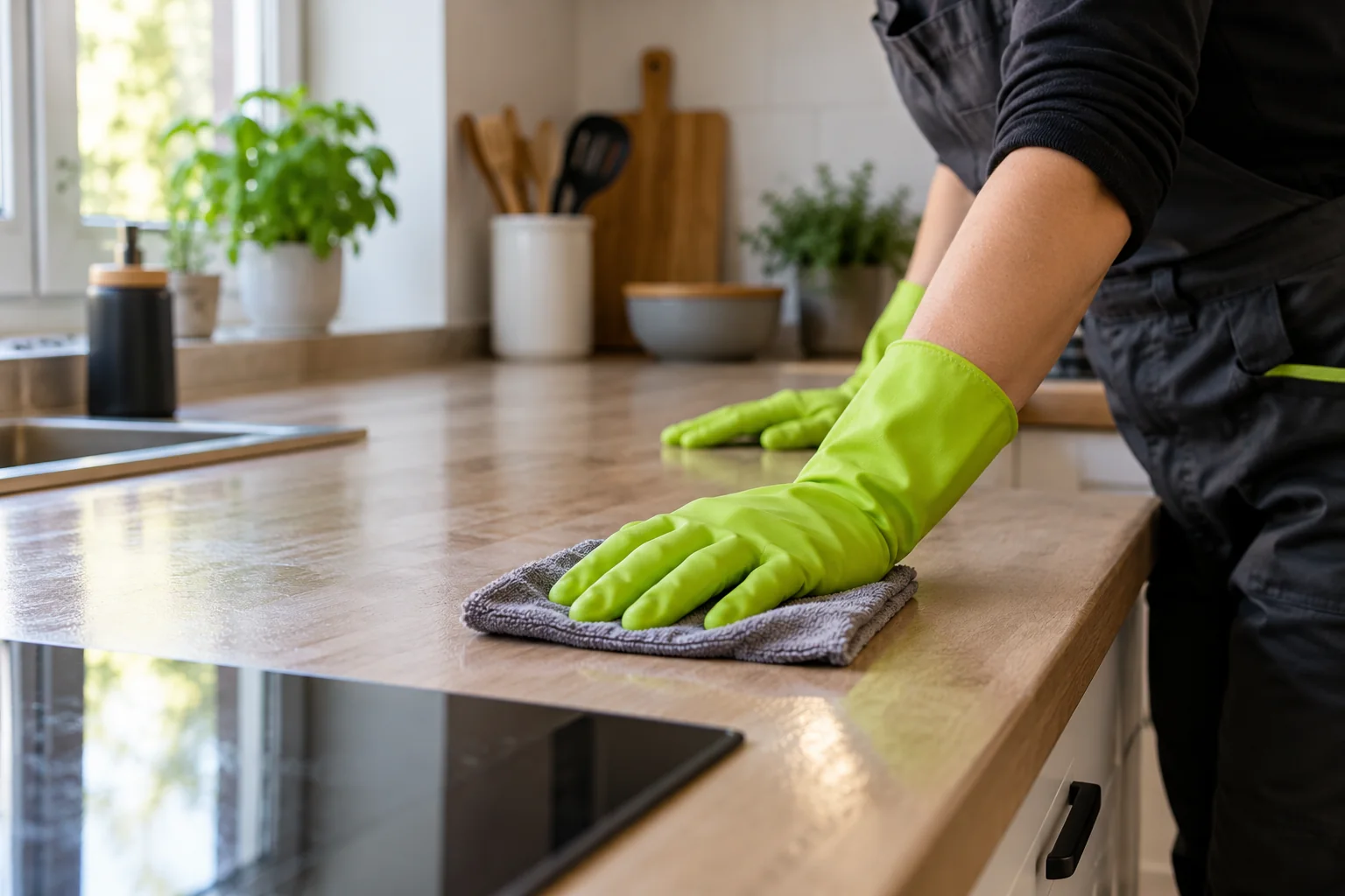 Désinfection d’un plan de travail de cuisine avec une lavette et des gants