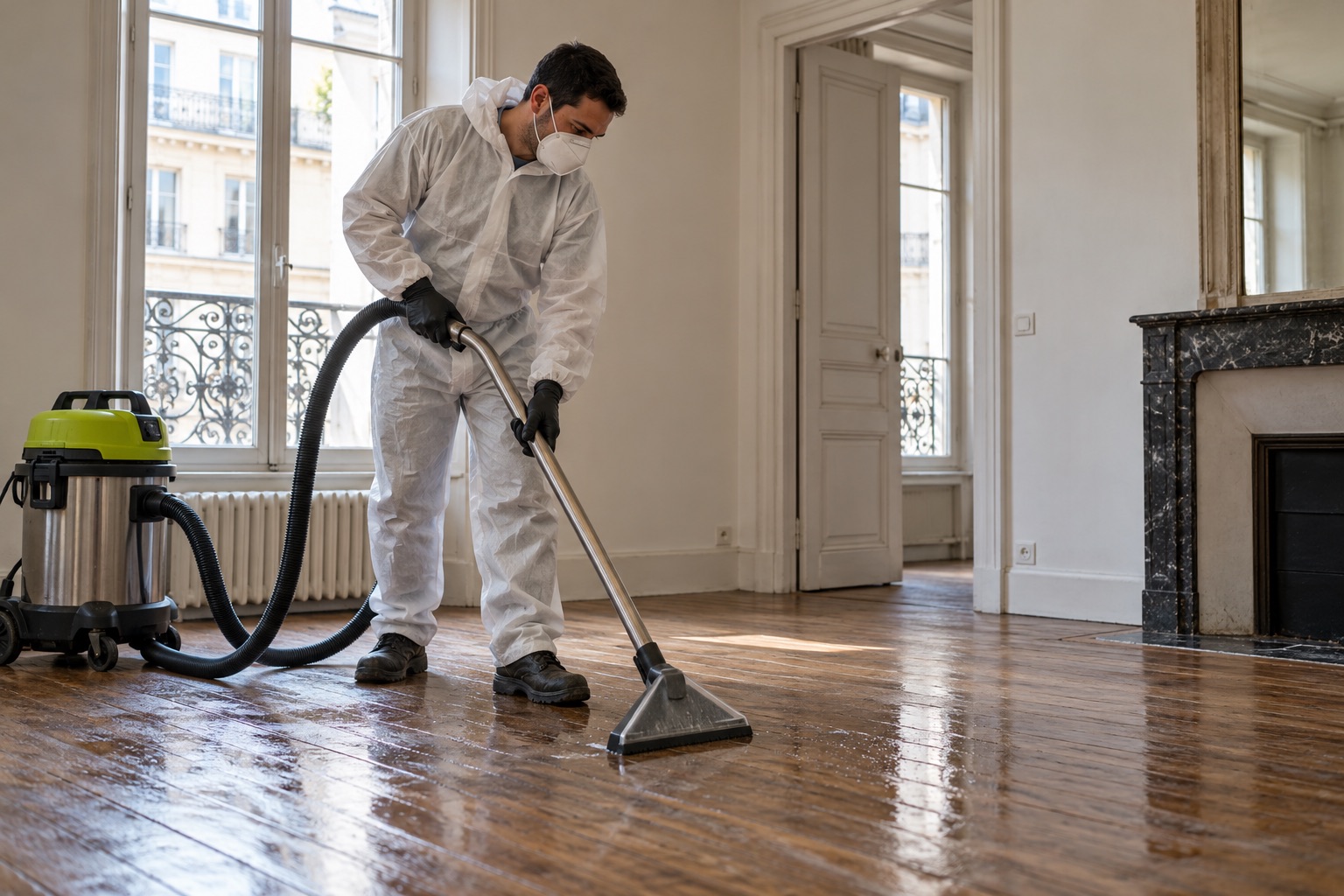 Nettoyage extrême d’un appartement parisien : lavage du parquet à l’injecteur-extracteur après débarras